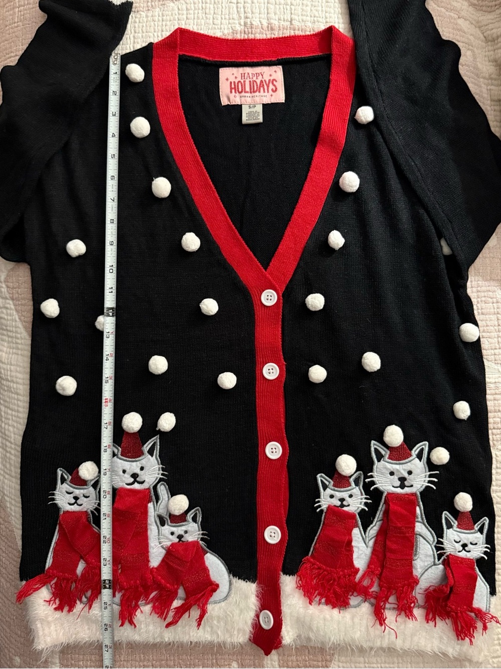 HAPPY HOLIDAYS URBAN HERITAGE CHRISTMAS SWEATER CATS IN SCARVES & SNOWBALLS - Picture 8 of 9
